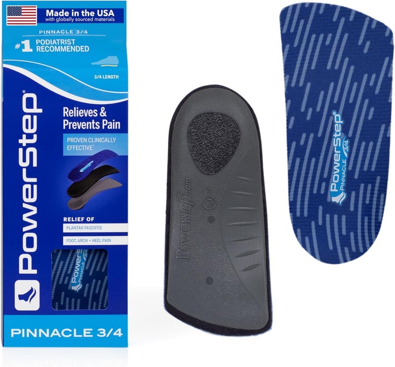 PowerStep Pinnacle 3/4 Insoles, Orthotic Insole for Tight Shoes, Plantar Fasciitis Relief, Arch Supports Orthotic Insoles for Women and Men, Made in The USA (Men's 5-6.5 / Women's 7-8.5) - Image 1